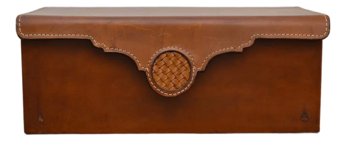 Late 20th Century Large Mid Century Leather Box: Nicely constructed leather wrapped wood box with detailed cutting and stitching. Would be great for display or use. Has charming patina with some signs of age and use. 18" x 10" x 7" Condition:
