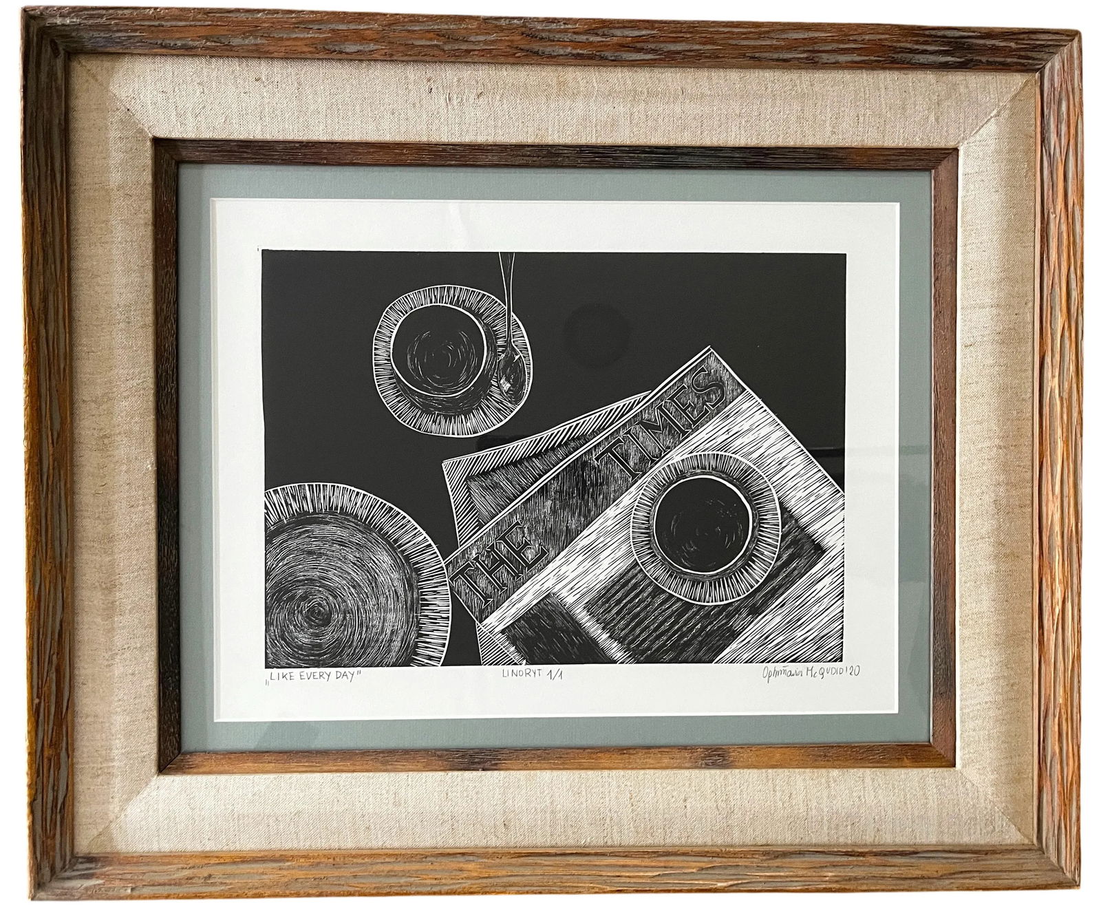 Framed Original Black and White Linocut Print, "Like Every Day" "” Coffee & the New York Times - 2