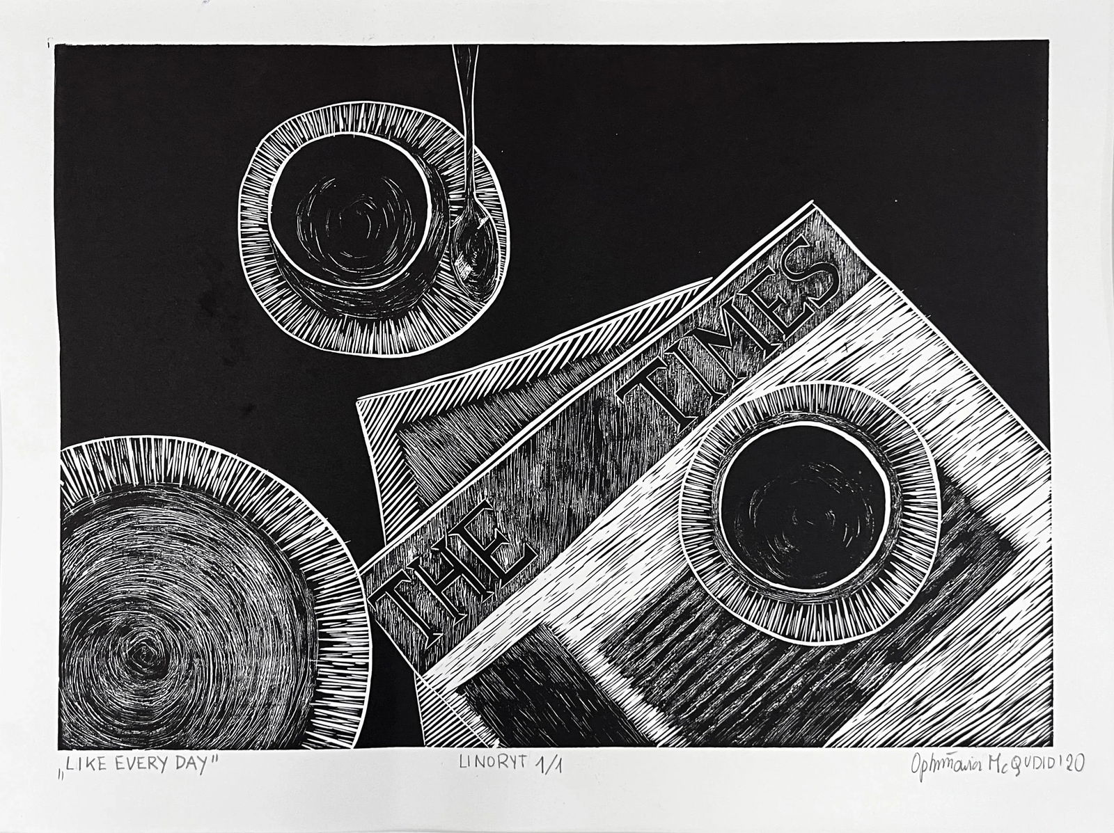 Framed Original Black and White Linocut Print, "Like Every Day" "” Coffee & the New York Times - 3