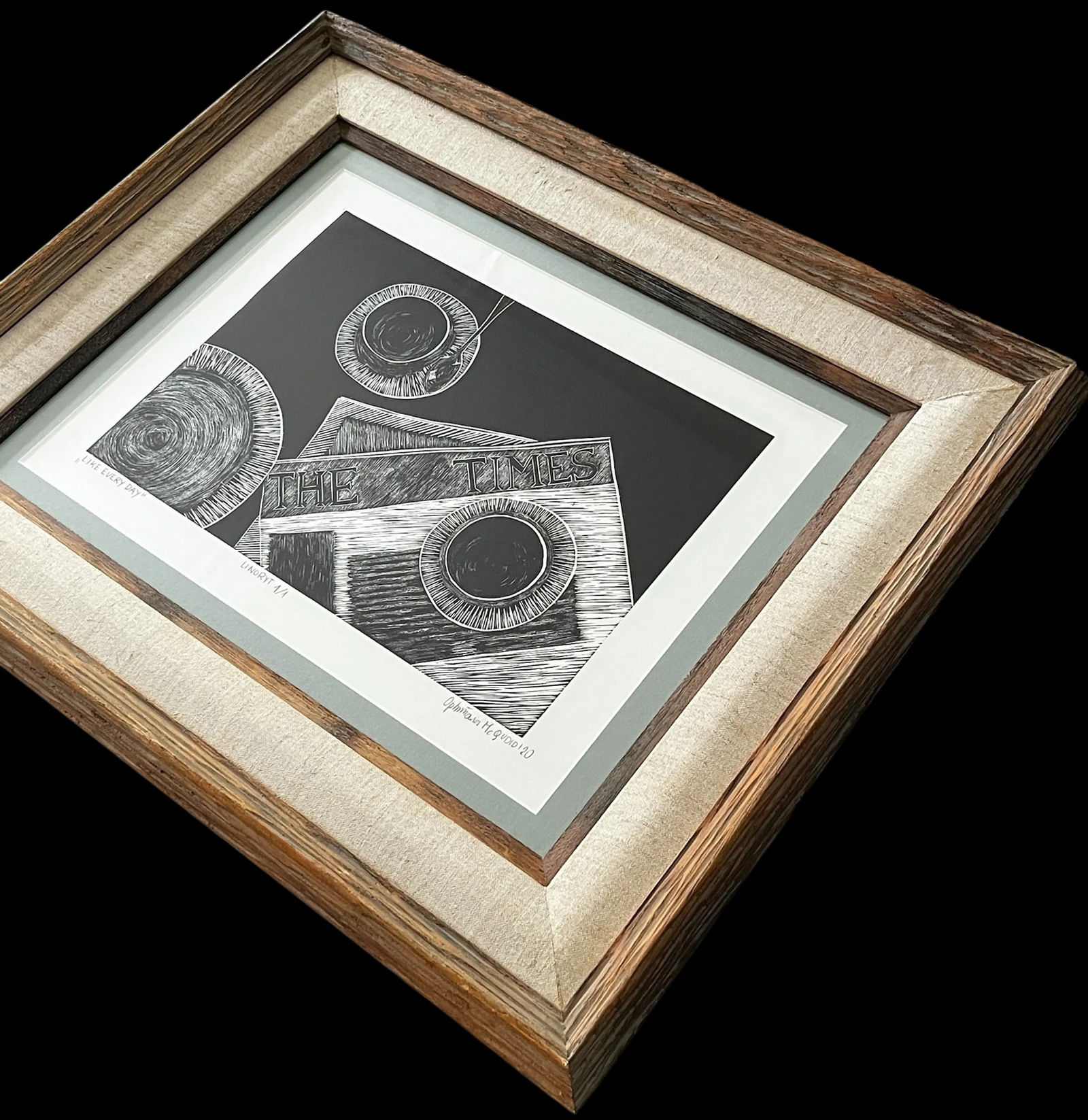 Framed Original Black and White Linocut Print, "Like Every Day" "” Coffee & the New York Times - 4