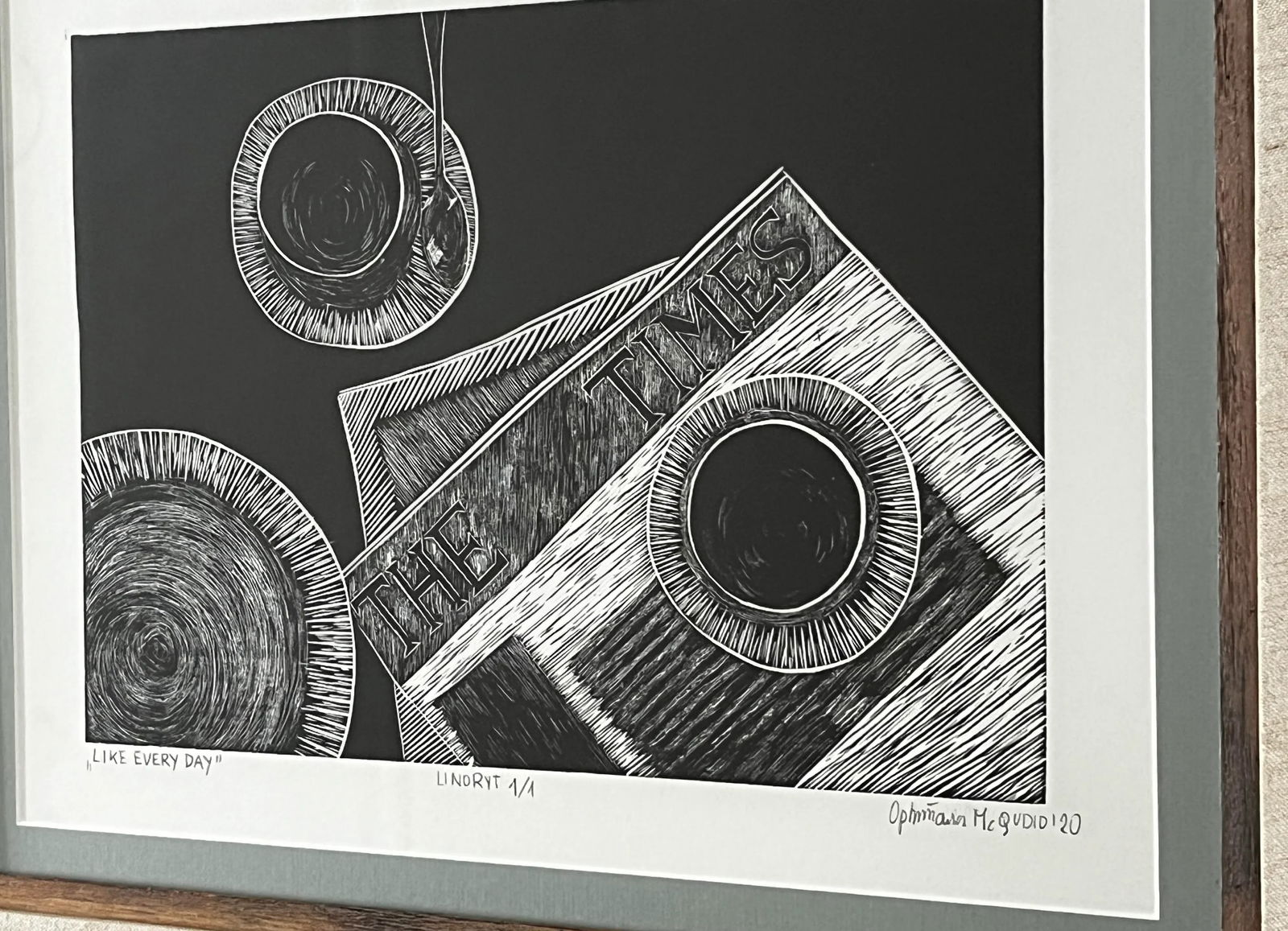 Framed Original Black and White Linocut Print, "Like Every Day" "” Coffee & the New York Times - 6