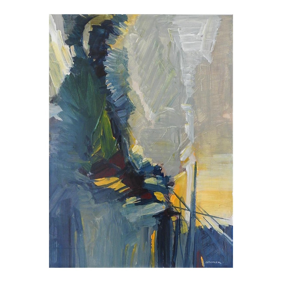 Mid 20th Century Blue and Yellow Abstract Painting: Mid 20th century oil on artist board abstract in blue and yellow by J. Alvin Storck (20th century) Illinois. Signed lower right corner. Unframed, adhesive remains along margins. Condition: