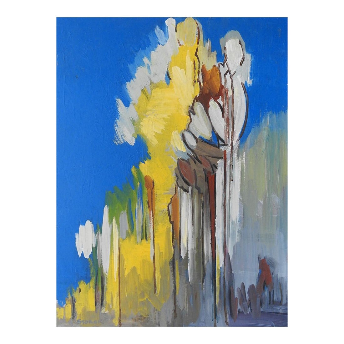 Mid 20th Century Blue and Yellow Abstract Landscape Painting: Mid 20th century gouache on artist board abstract landscape in blue and yellow by J. Alvin Storck (20th century) Illinois. Signed lower left corner. Unframed, small spots of paint loss. Condition: Alt