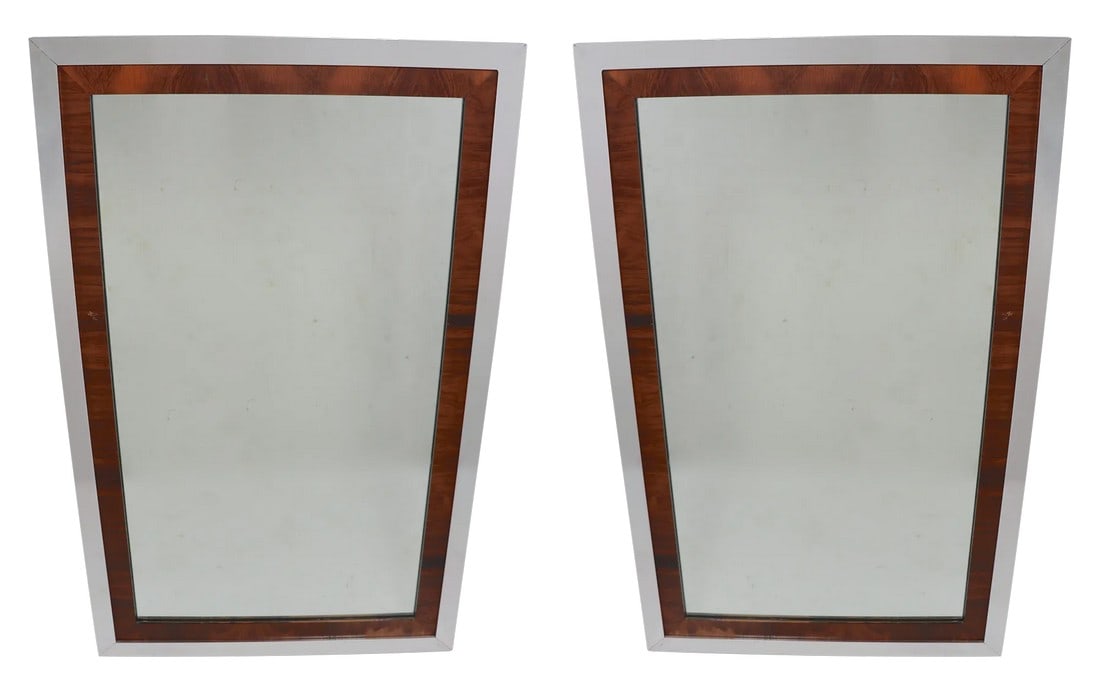Mid Century Mirrors After Baughman - a Pair: Very chic and stylish PAIR of Mid Century mirrors, each having an aluminum border, with walnut veneer interior surrounding interior mirror. Both are in very good original estate condition, showing