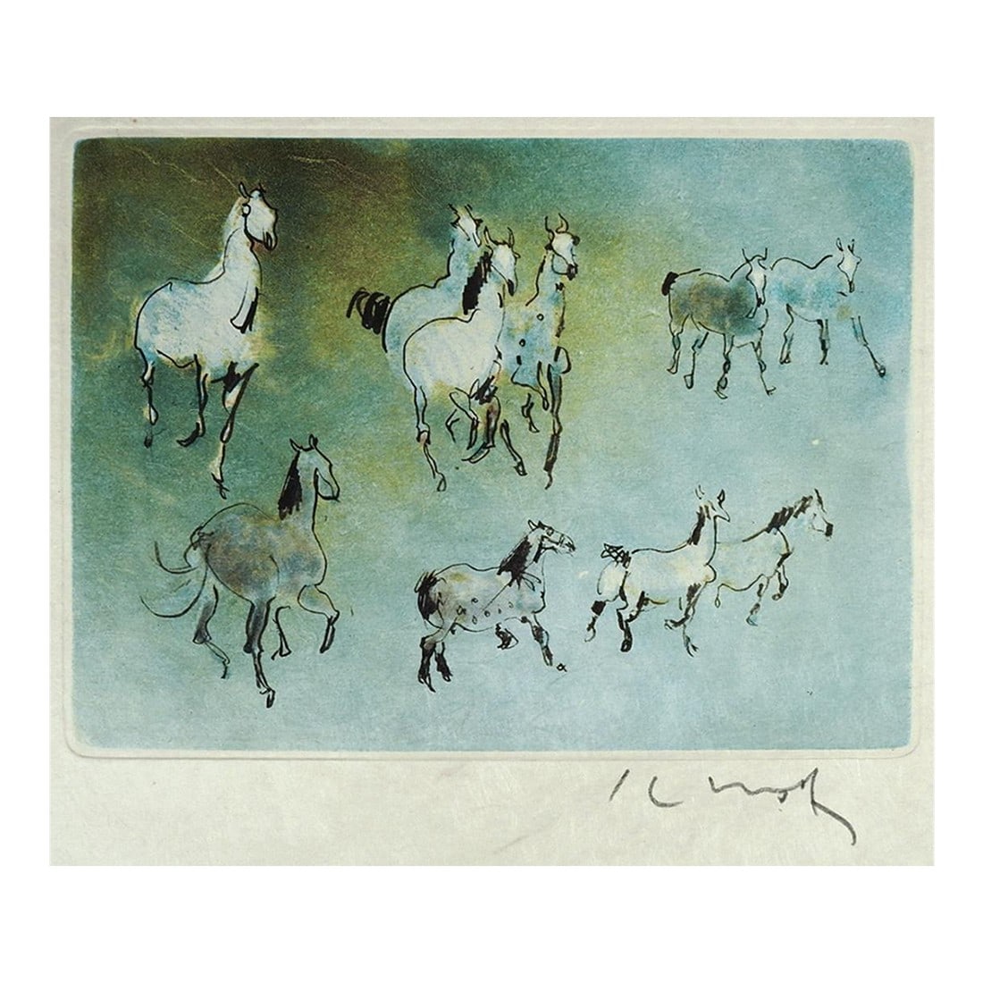 Late 20th Century Kaiko Moti Horses in Blue Aquatint Etching: Late 20th century aquatint etching on handmade paper of horses by Kaiko Moti (1921 - 1989) France, India, United Kingdom. Signed lower right in margin. Unframed, image size 7"x 5". Condition: Alterati