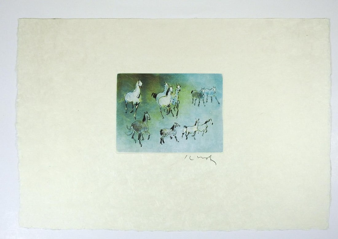 Late 20th Century Kaiko Moti Horses in Blue Aquatint Etching - 3