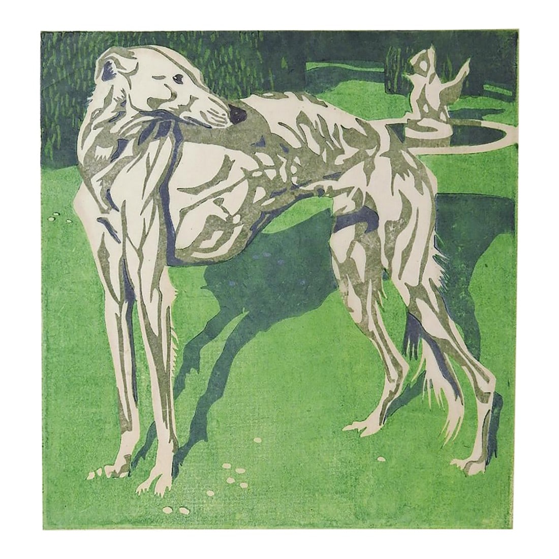 1922 Norbertine Bresslern-Roth Borzoi Linocut: 1922 color linocut on thin Japan paper of Borzoi dog by Norbertine Bresslern-Roth (1891-1978) Austria. Bresslern-Roth was born and worked in Graz, Austria. She exhibited with the Vienna Secession in