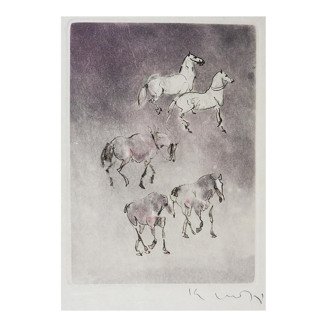 Late 20th Century Kaiko Moti Horses Aquatint Etching (1 of 5)