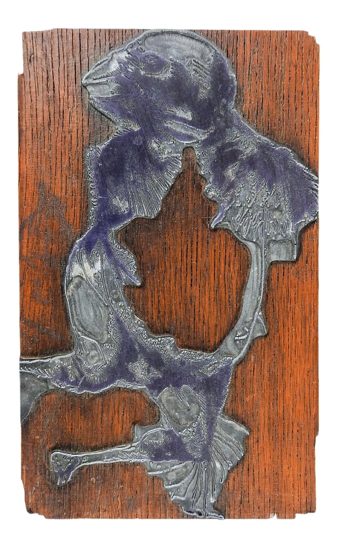 Mid Century Birdman Metal & Wood Print Block in the Manner of Leonard Baskin: Large vintage relief printing block of etched metal mounted on wood block. Man with grotesque bird head and wings. Very much in the manner of Leonard Baskin and has been verified with his estate