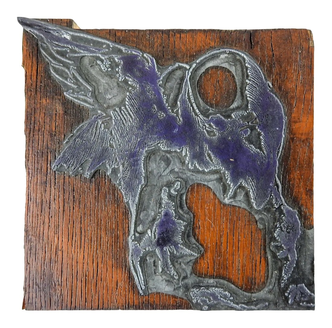 Expressionist Birdman Etched Metal & Wood Print Block in the Manner of Leonard Baskin: Vintage relief printing block of etched metal mounted on wood block. Man with bird head and wings. Very much in the manner of Leonard Baskin and has been verified with his estate that they are not