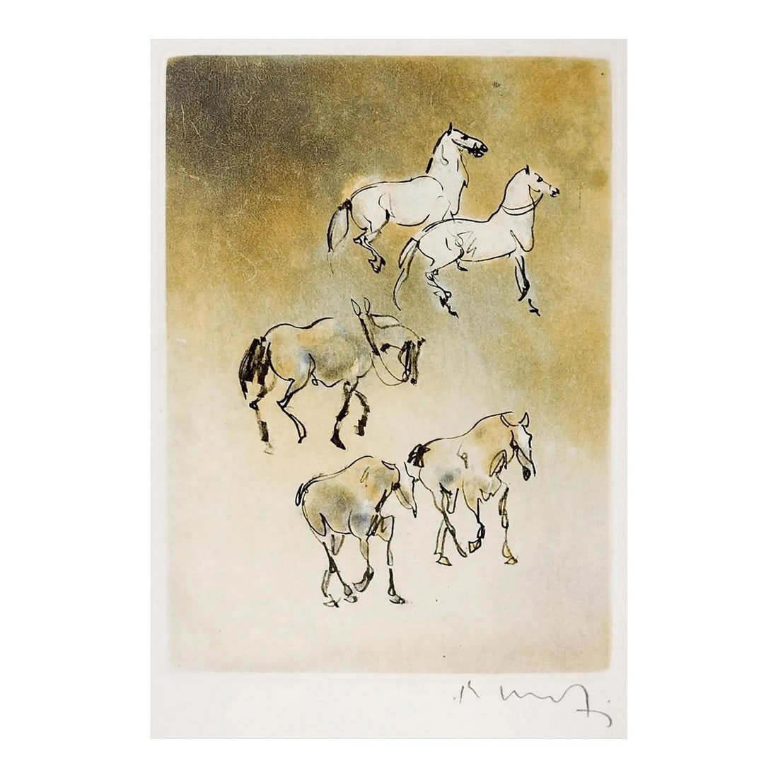 Late 20th Century Kaiko Moti Horses in Umber Gray Aquatint Etching: Late 20th century aquatint etching on handmade paper of horses in shades of umber and gray by Kaiko Moti (1921 - 1989) France, India, United Kingdom. Signed lower right in margin. Unframed, image