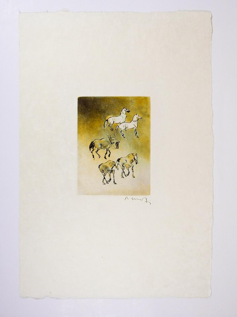 Late 20th Century Kaiko Moti Horses in Umber Gray Aquatint Etching - 3