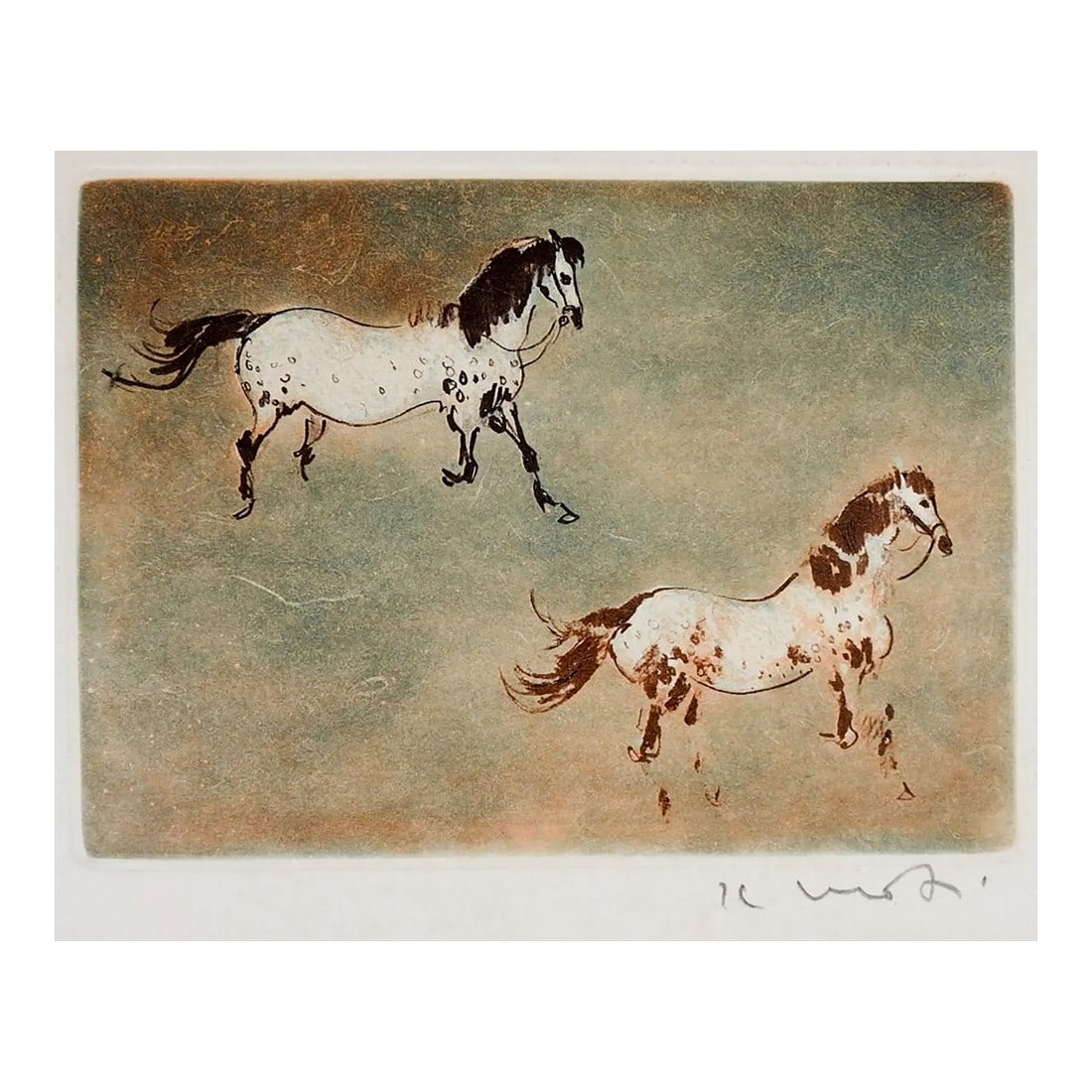 Late 20th Century Kaiko Moti Horses in Blue and Umber Aquatint Etching: Late 20th century aquatint etching on handmade paper of horses in shades of umber and blue by Kaiko Moti (1921 - 1989) France, India, United Kingdom. Signed lower right in margin. Unframed, image