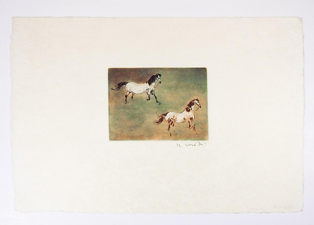 Late 20th Century Kaiko Moti Horses in Blue and Umber Aquatint Etching - 3