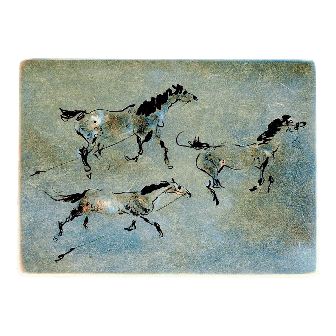 Late 20th Century Kaiko Moti Horses in Blue Aquatint Etching: Late 20th century aquatint etching on handmade paper of horses in shades of umber and blue by Kaiko Moti (1921 - 1989) France, India, United Kingdom. Signed lower right in margin. Unframed, image