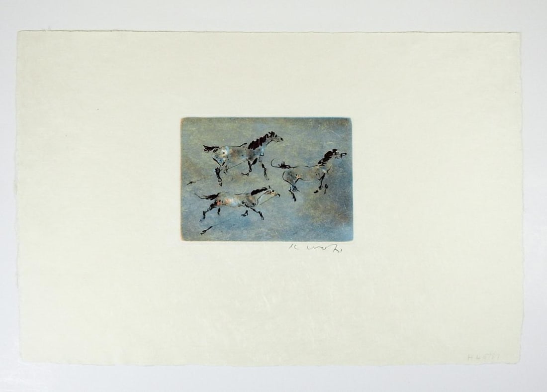 Late 20th Century Kaiko Moti Horses in Blue Aquatint Etching - 4