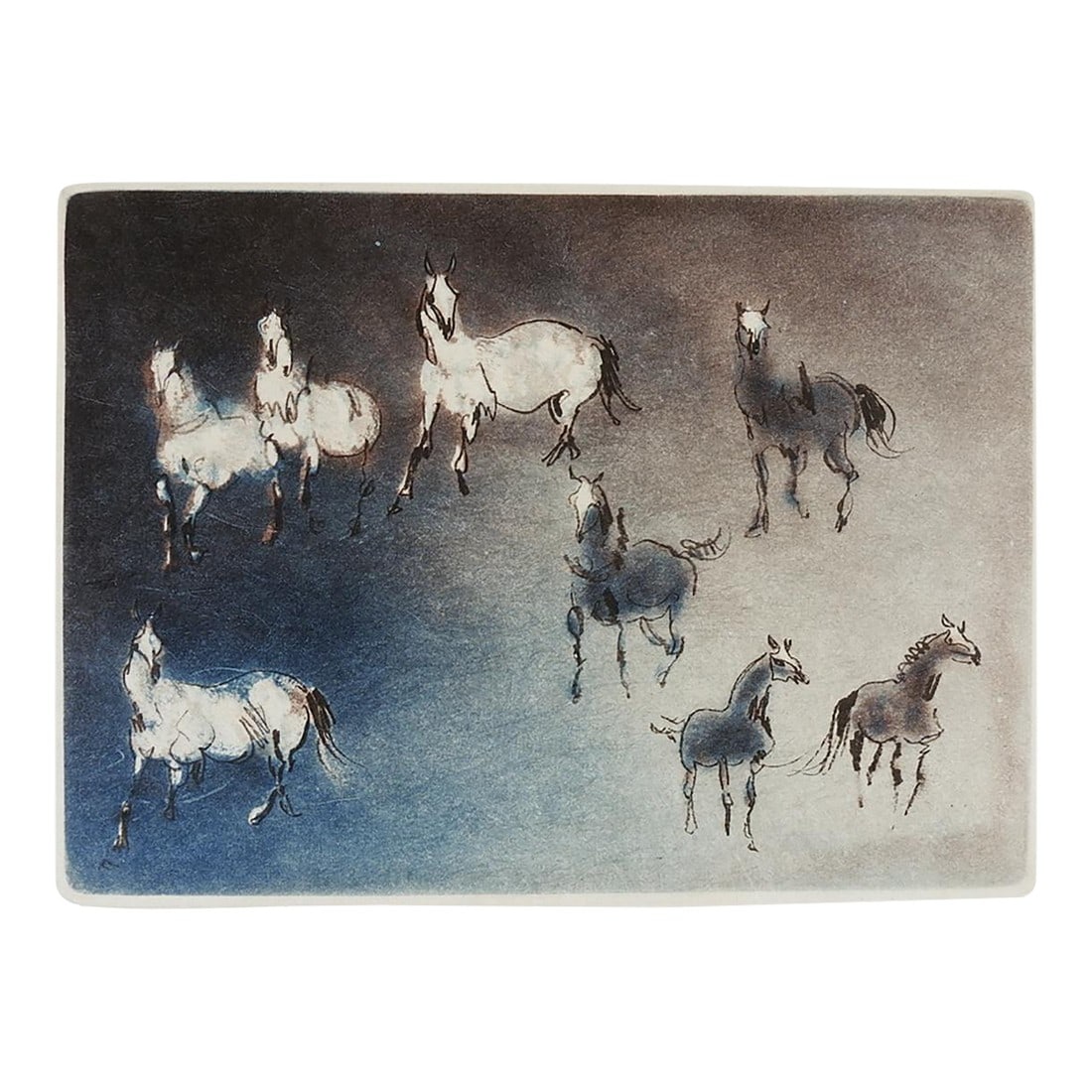 Late 20th Century Blue Kaiko Moti Horses Aquatint Etching: Late 20th century aquatint etching in blue and muted aubergine on handmade paper of horses by Kaiko Moti (1921 - 1989) France, India, United Kingdom. Signed lower right in margin. Unframed, image