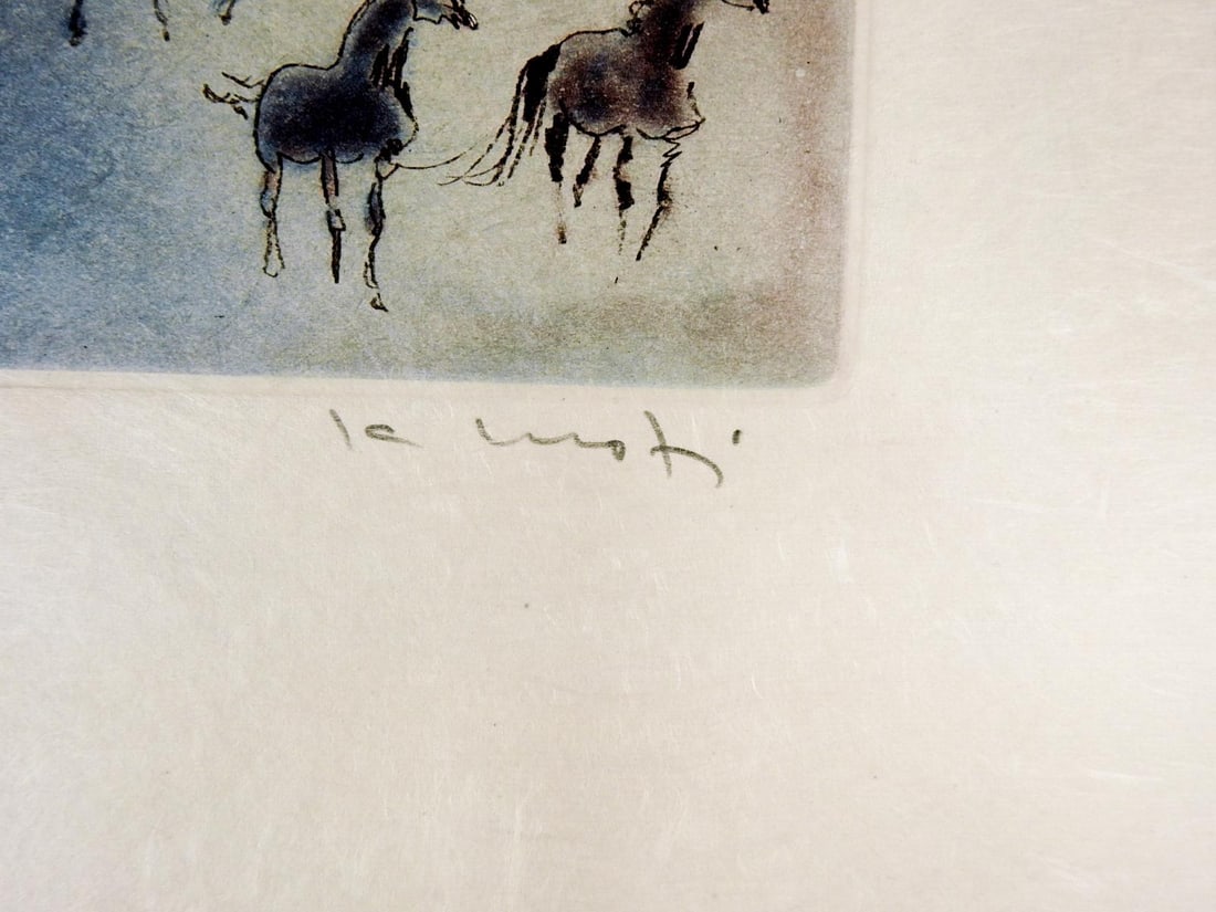 Late 20th Century Blue Kaiko Moti Horses Aquatint Etching - 2