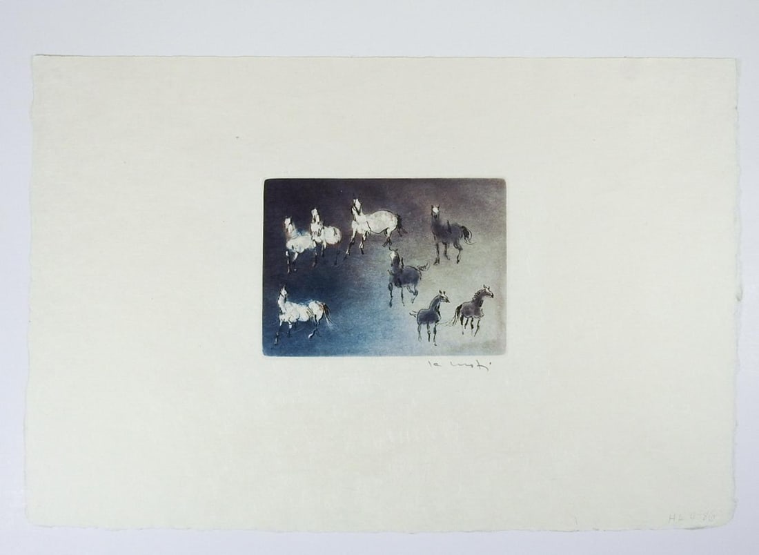 Late 20th Century Blue Kaiko Moti Horses Aquatint Etching - 4