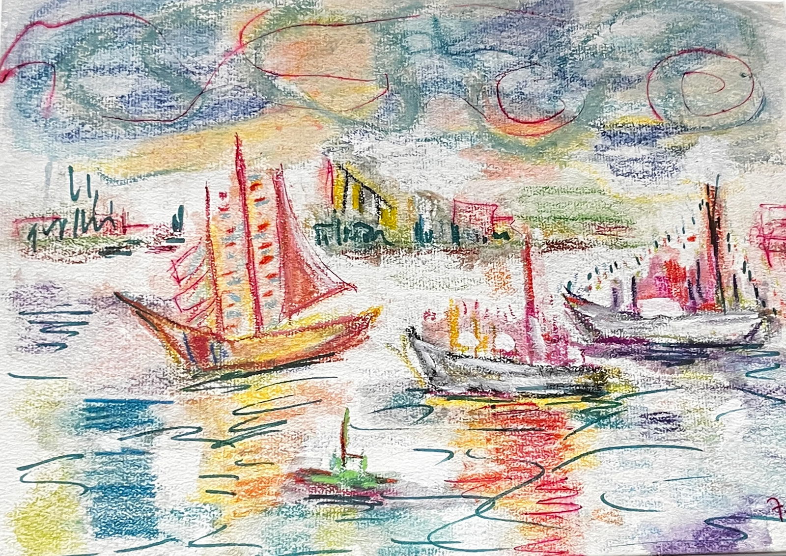 Vibrant Pastel Sailboat Seascape in Wood & Linen Frame – Signed & Dated 1979 - 2