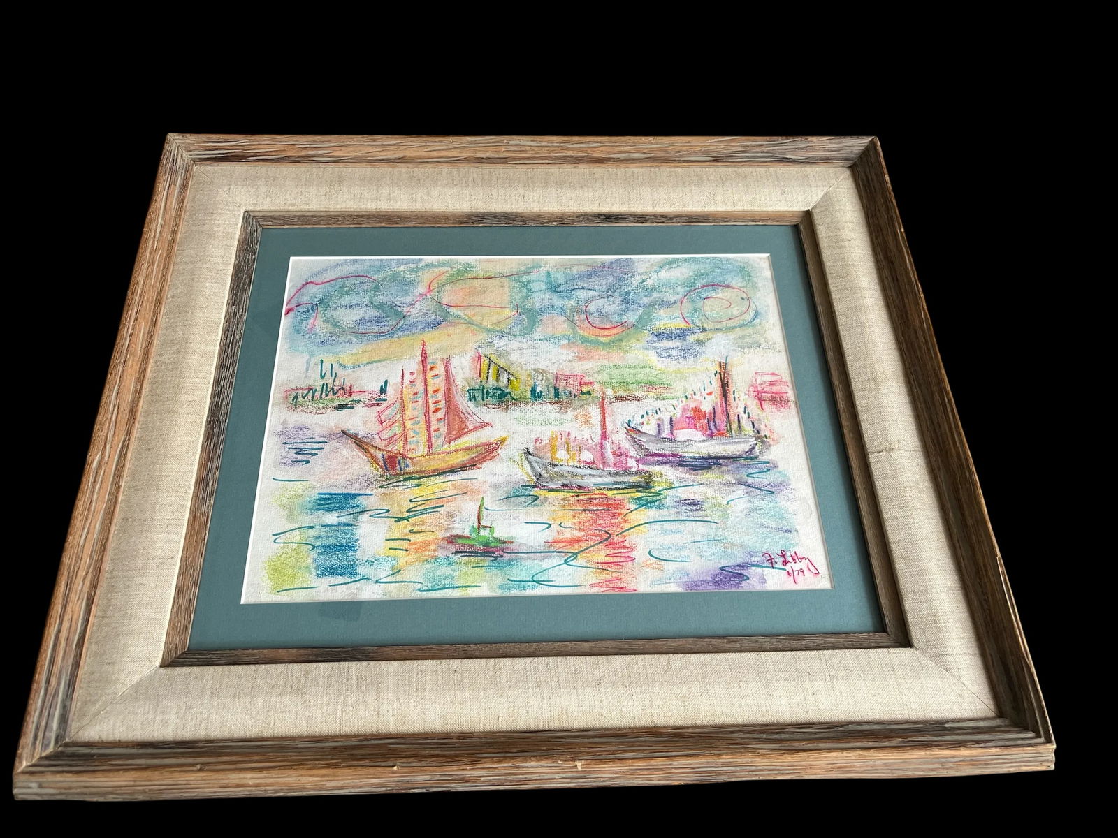 Vibrant Pastel Sailboat Seascape in Wood & Linen Frame – Signed & Dated 1979 - 3