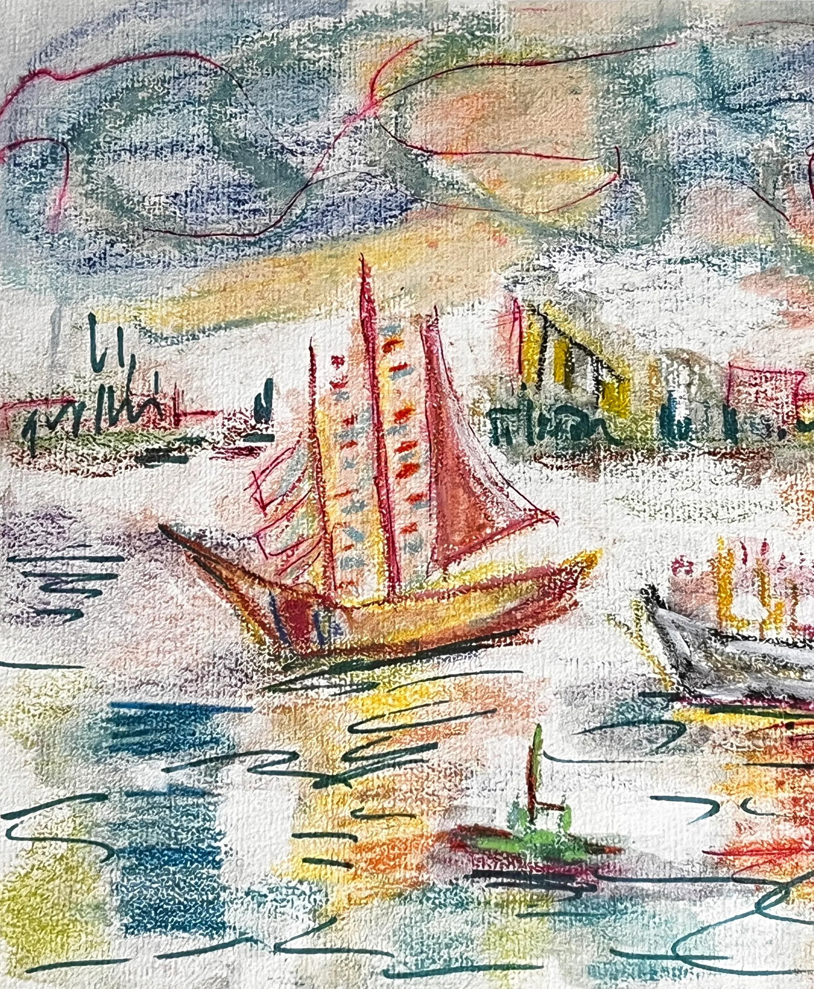 Vibrant Pastel Sailboat Seascape in Wood & Linen Frame – Signed & Dated 1979 - 5