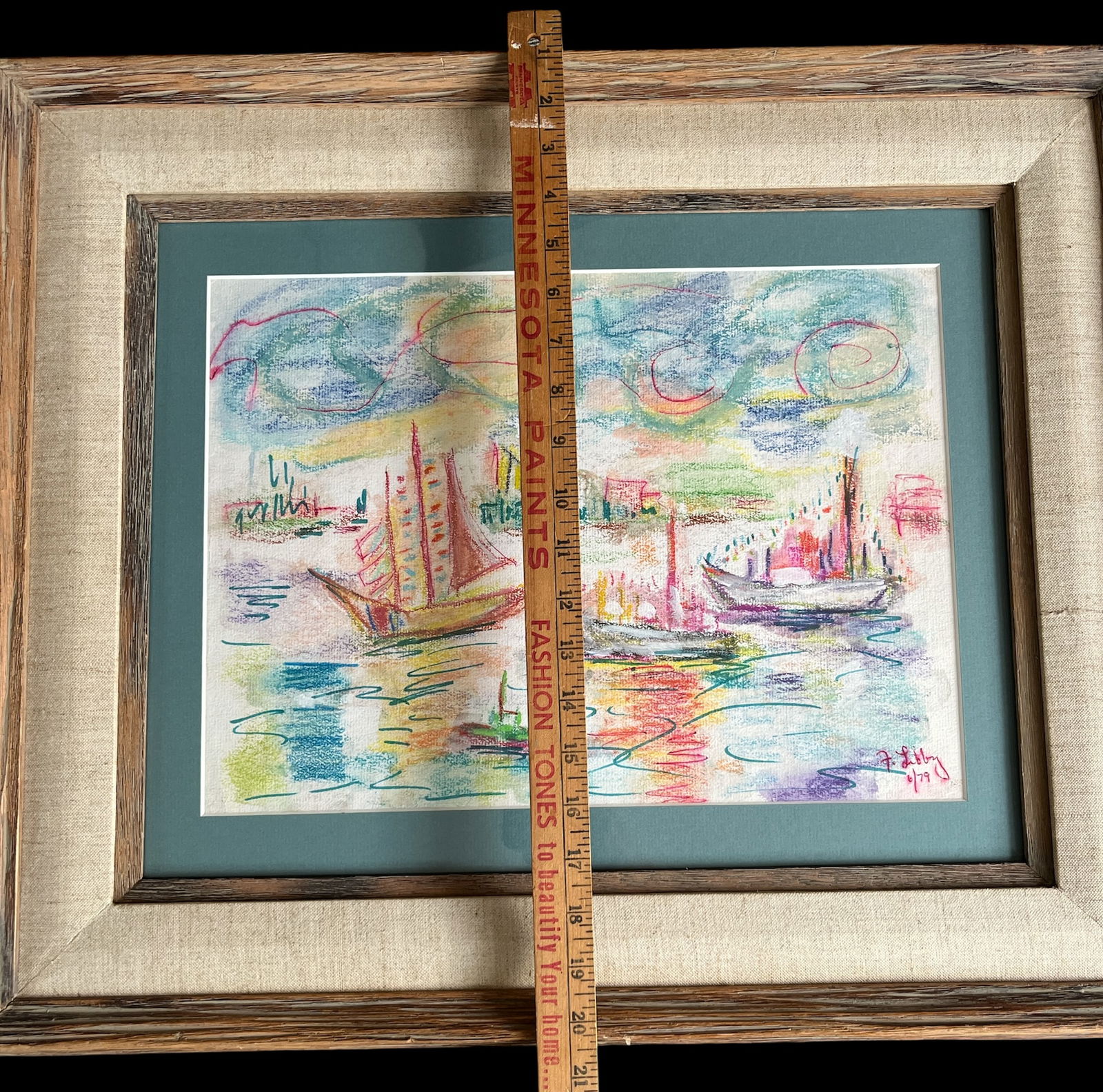 Vibrant Pastel Sailboat Seascape in Wood & Linen Frame – Signed & Dated 1979 - 9