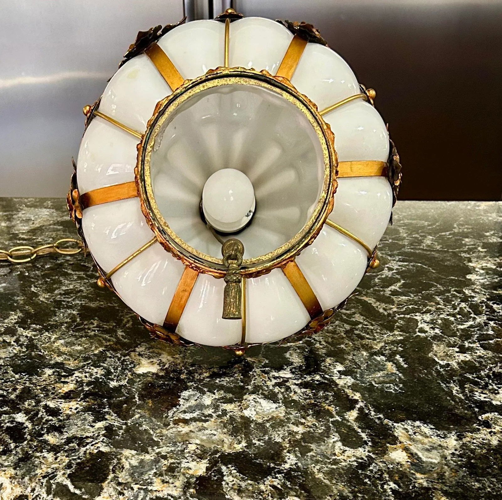 Handmade Mouth Blown in the Style of Seguso, Murano, Wrought Iron, Caged White Glass, Swag Chandelie - 11