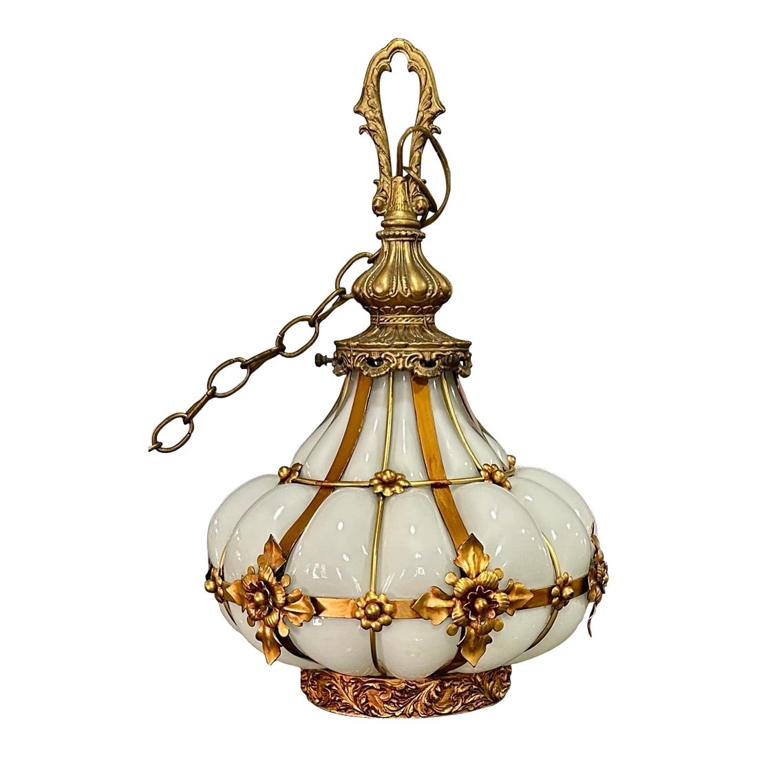 Handmade Mouth Blown in the Style of Seguso, Murano, Wrought Iron, Caged White Glass, Swag Chandelie: Such a stunning piece of Seguso, Murano, hand-blown, white glass, forced through a wrought iron cage of an intricately designed pattern, topped with a bronze mount and ornate detailing throughout the