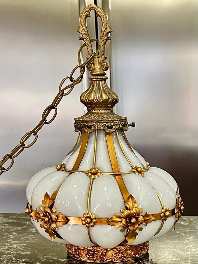 Handmade Mouth Blown in the Style of Seguso, Murano, Wrought Iron, Caged White Glass, Swag Chandelie - 2