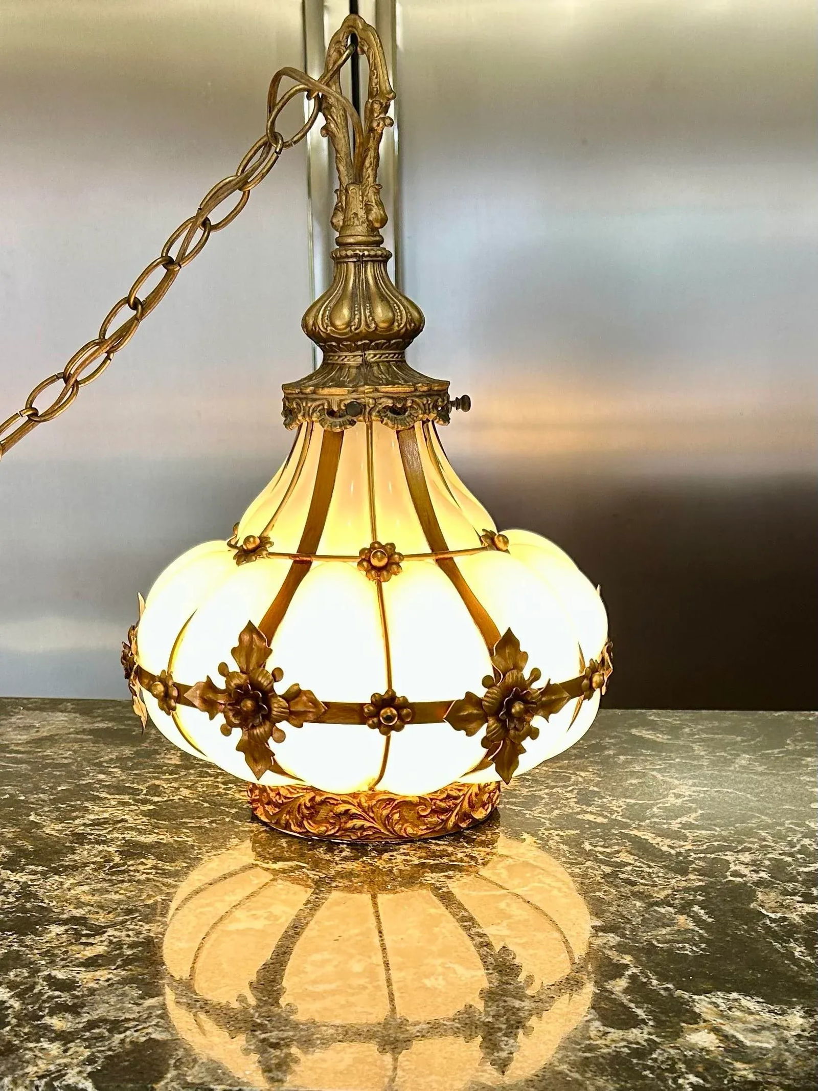 Handmade Mouth Blown in the Style of Seguso, Murano, Wrought Iron, Caged White Glass, Swag Chandelie - 3