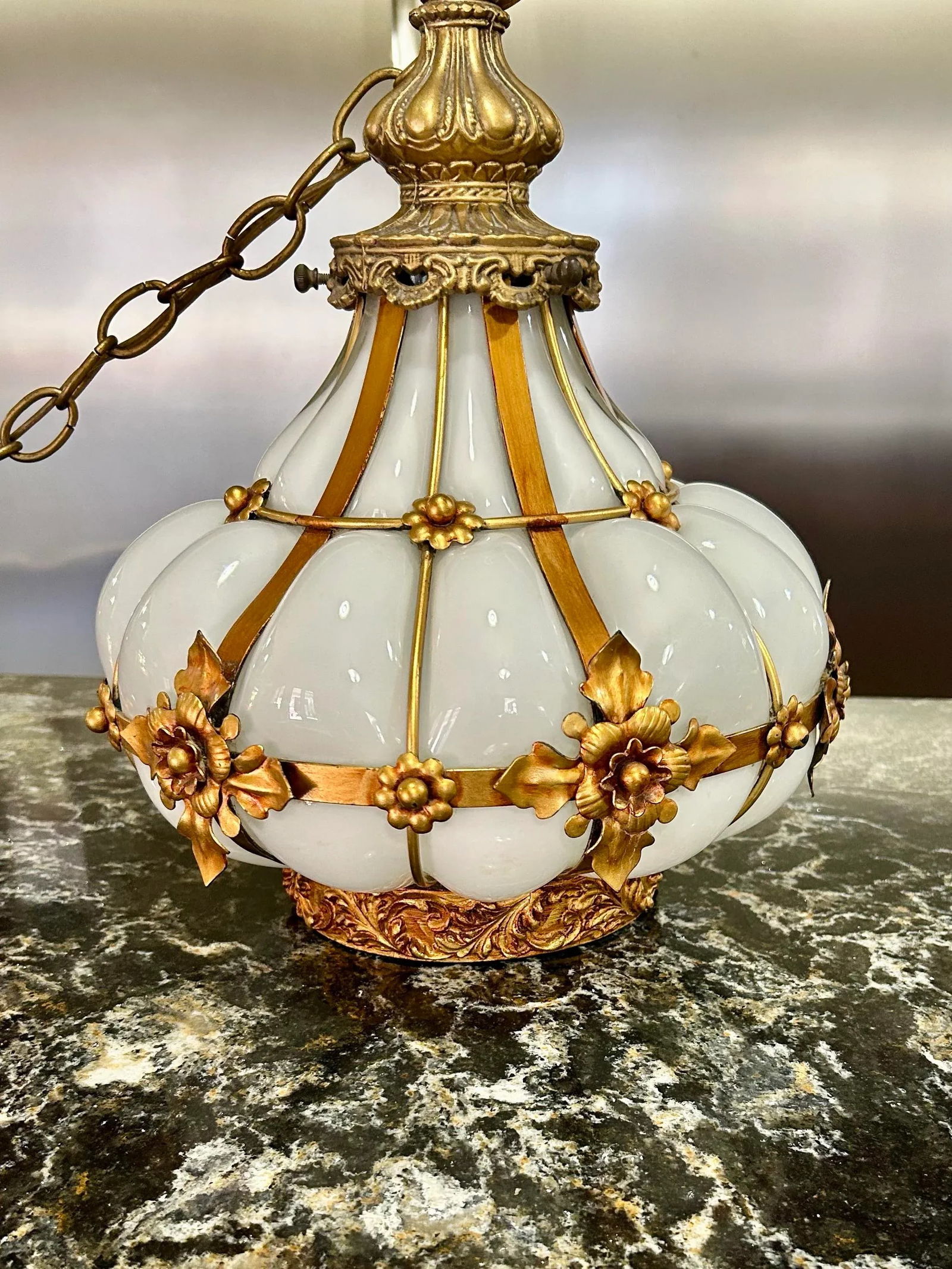 Handmade Mouth Blown in the Style of Seguso, Murano, Wrought Iron, Caged White Glass, Swag Chandelie - 5