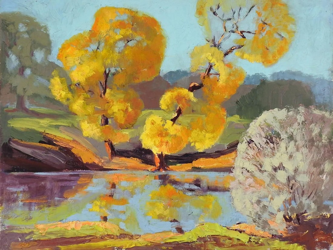Vintage Mid-Century Gaitha Browning Autumn Landscape Painting: Vintage mid century oil on canvas board autumn landscape painting by John Gaitha Browning (1912-1992) Texas. Signed and titled Golden Autumn in pencil along bottom of original mat. Unframed, the mat w