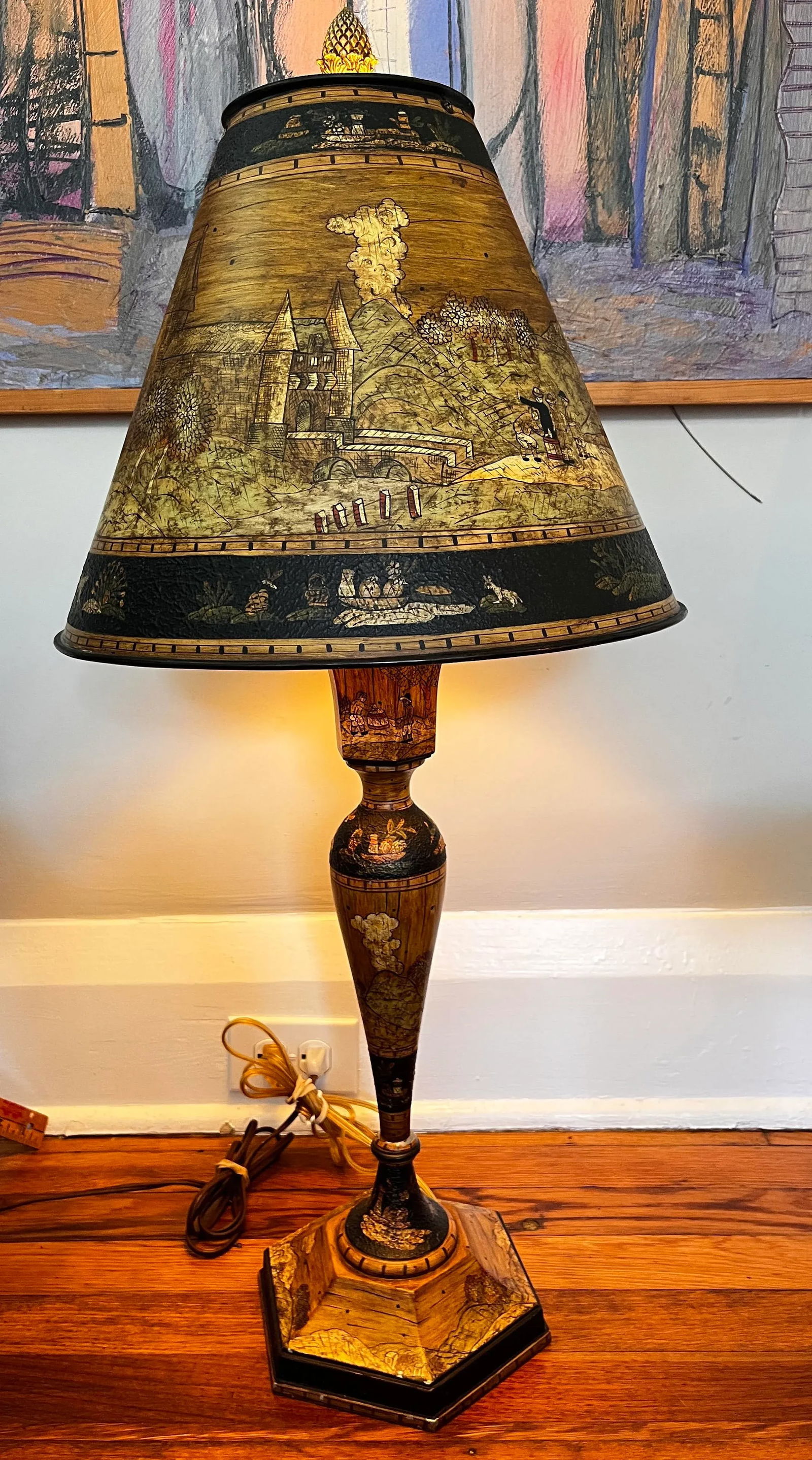Vintage Chinoiserie Tole Table Lamps With Hand-Painted Landscape Shades – A Pair - 10