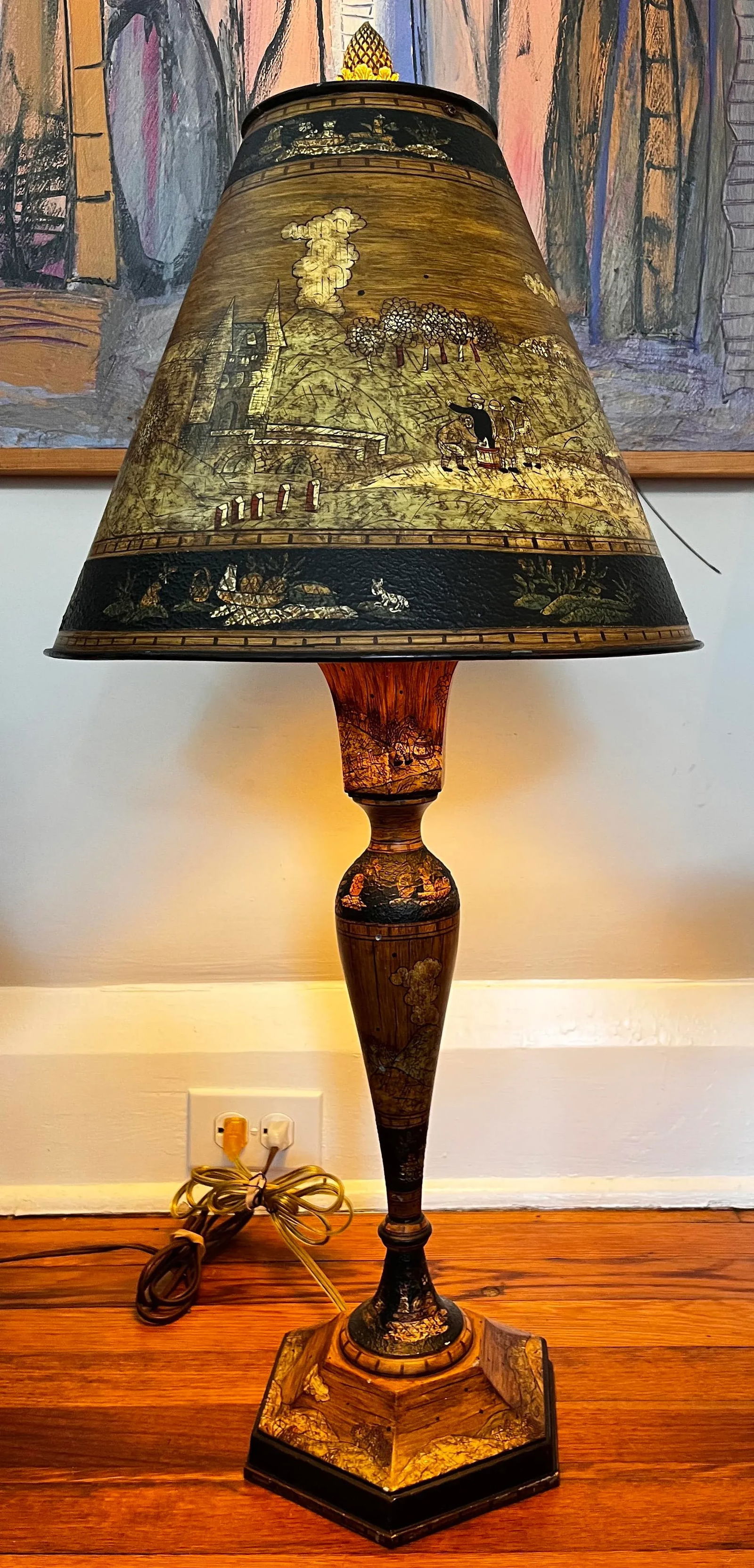 Vintage Chinoiserie Tole Table Lamps With Hand-Painted Landscape Shades – A Pair - 9