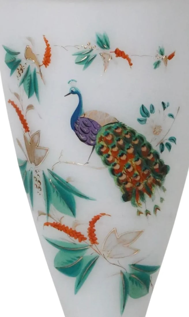 Pair of Hand Painted Peacock Motif Bristol Glass Table Lamps - 15