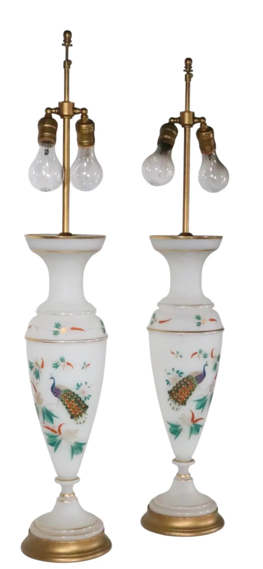Pair of Hand Painted Peacock Motif Bristol Glass Table Lamps - 3