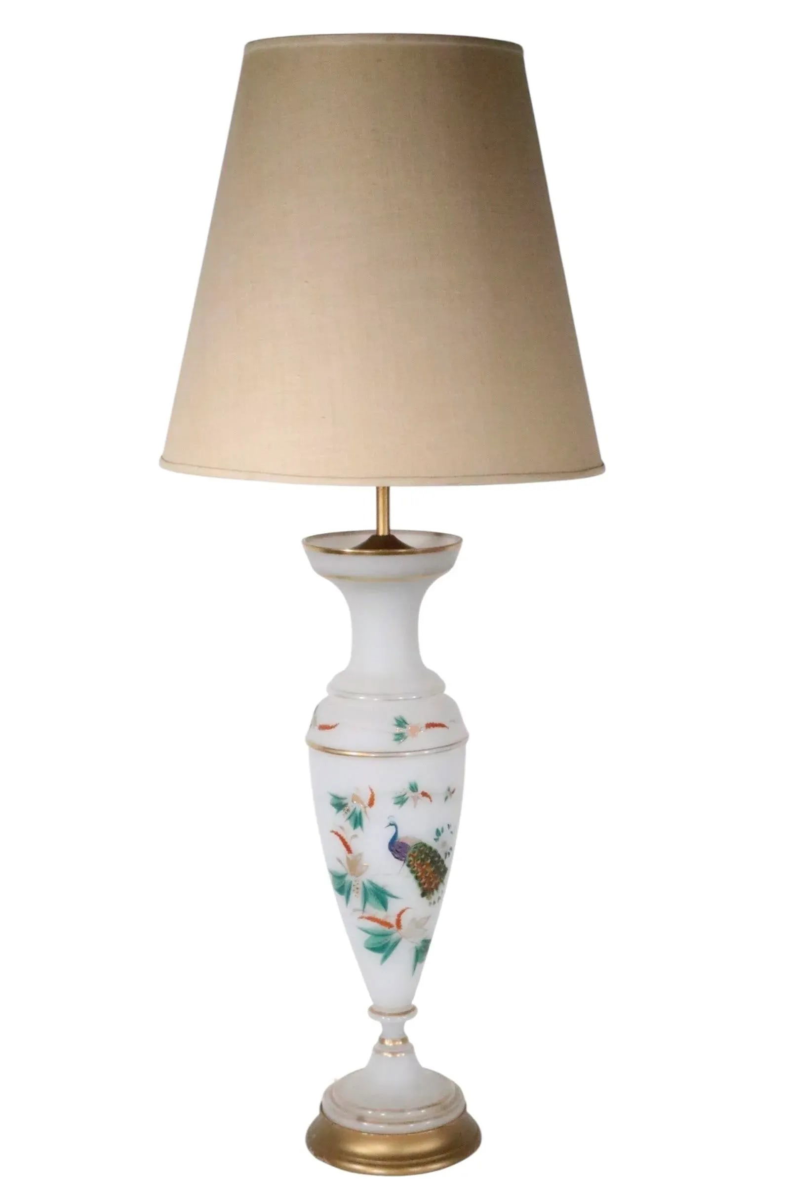 Pair of Hand Painted Peacock Motif Bristol Glass Table Lamps - 4