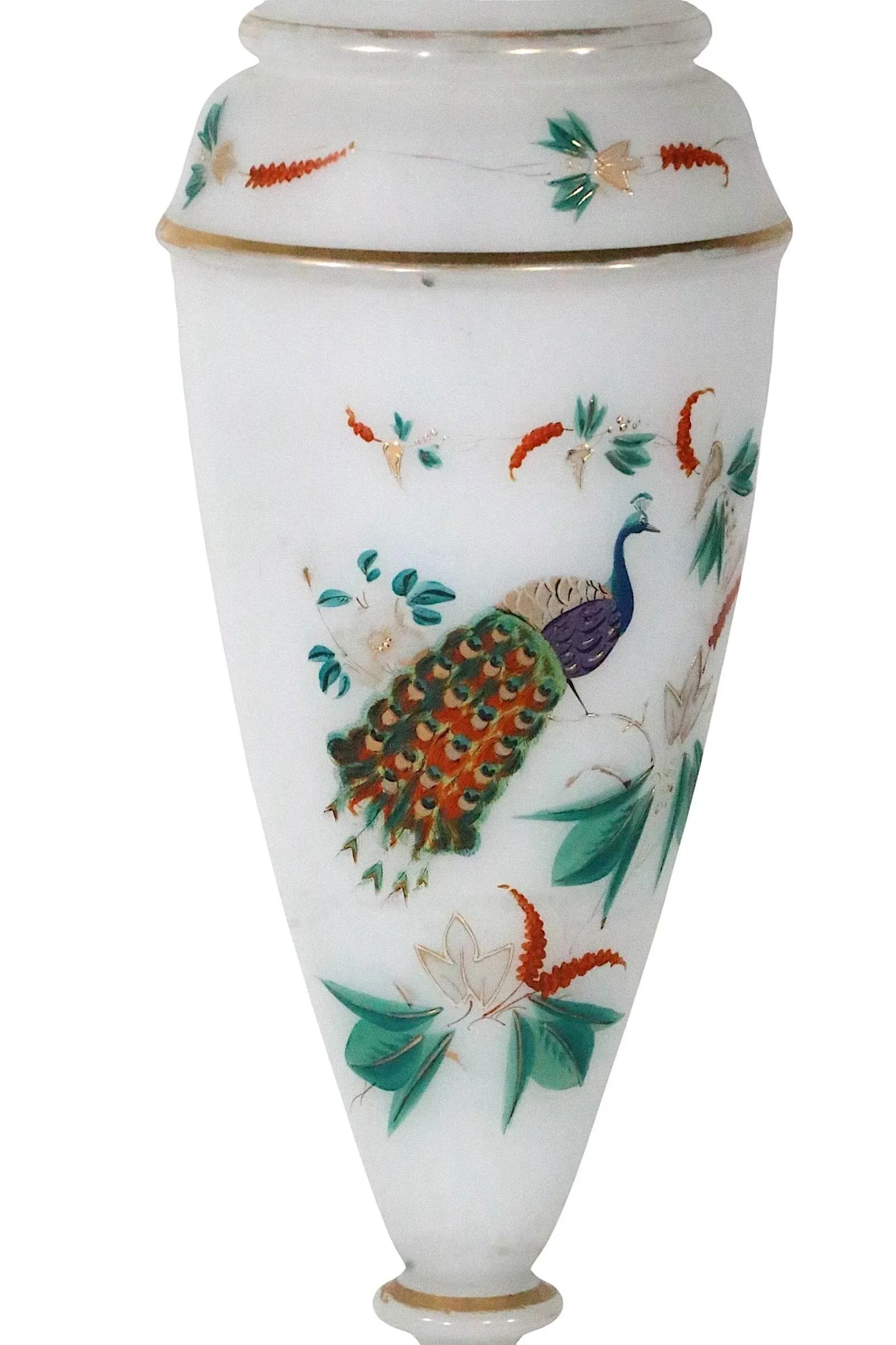 Pair of Hand Painted Peacock Motif Bristol Glass Table Lamps - 8