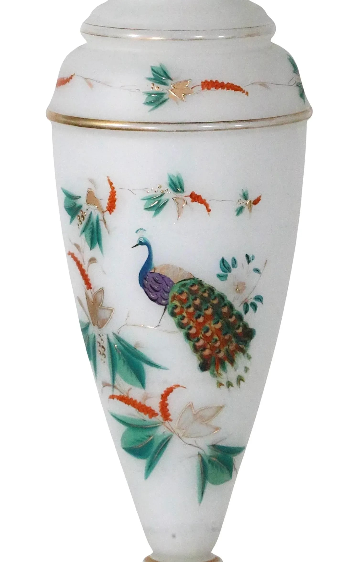 Pair of Hand Painted Peacock Motif Bristol Glass Table Lamps - 9