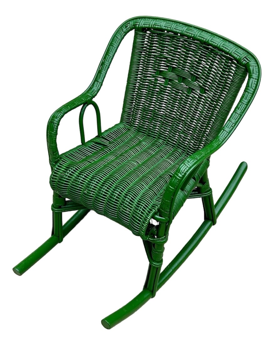 Antique, Child's Detailed, Wicker Rocker in Green: This antique, child's wicker rocker, dates back to the early 20th Century, 1900's. A truly skilled Craftsman wove this chair"”see all of the detailed work! Perfect in the garden, porch,