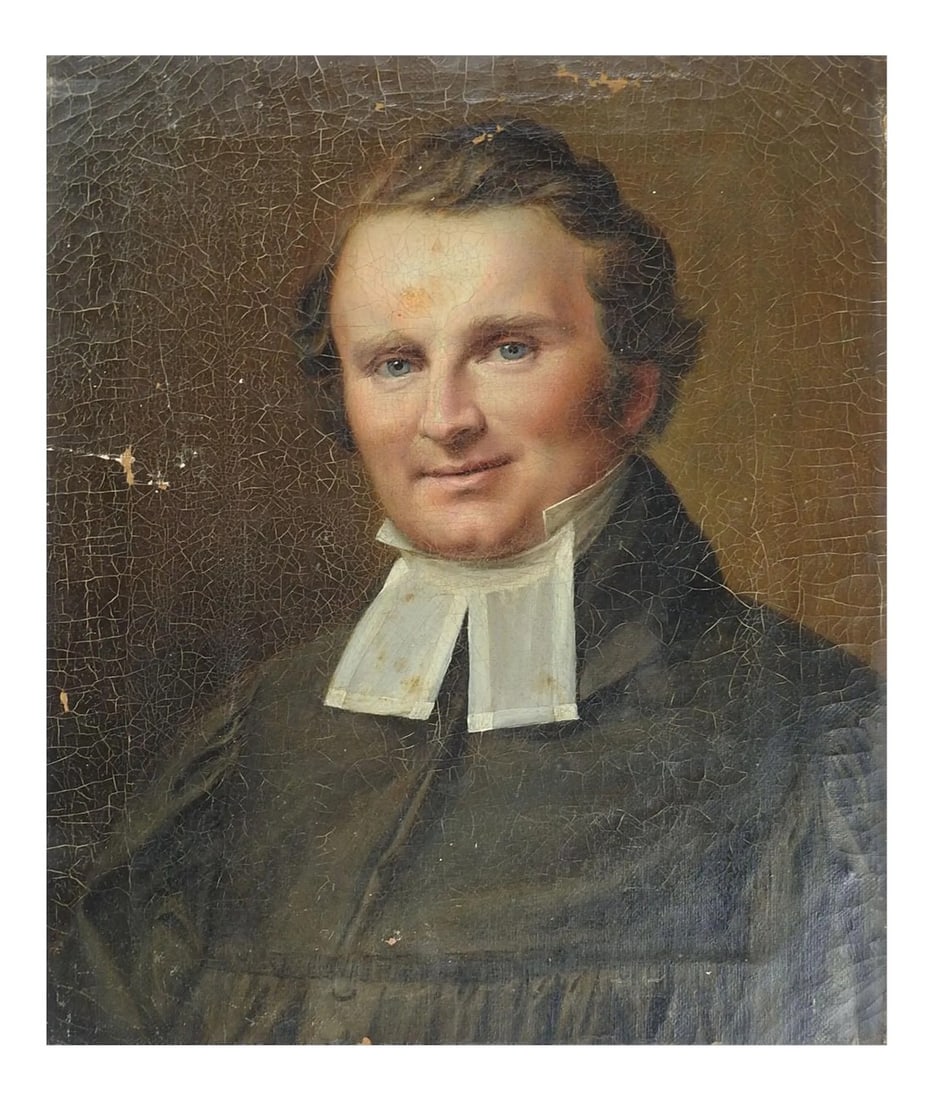 Mid 19th Century Portait Painting of Clergyman: Mid 19th century oil on canvas portrait painting. Handsome blue eyed clergyman in robe and fall collar. Unsigned. Unframed, overall craquelure, scattered small paint losses. Condition: Alterations: