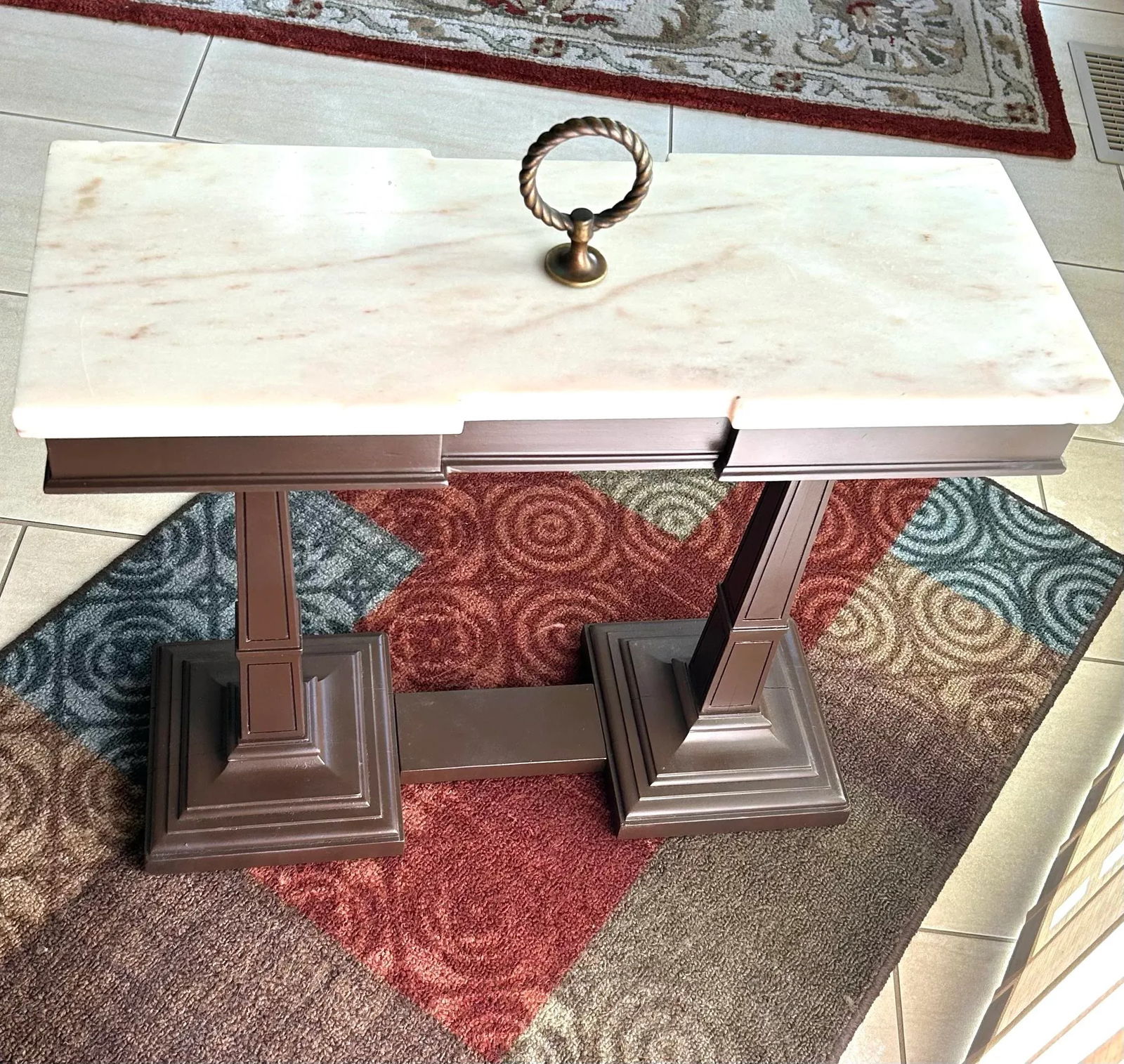 1950's, Weiman Side/Gallery Table, W/Marble Top, Pedestal Base, Brass Handle - 2