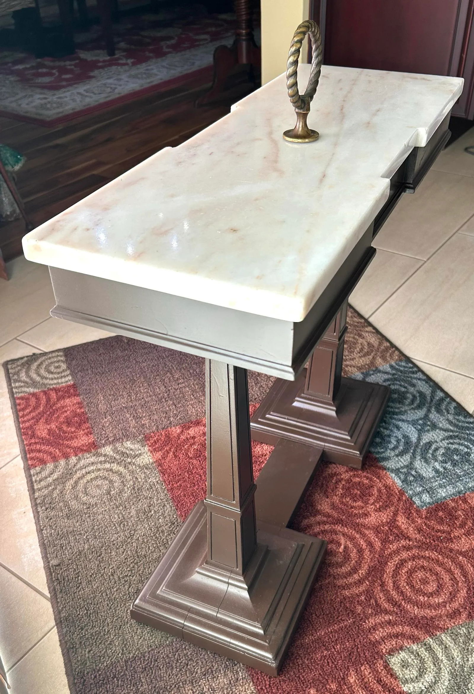 1950's, Weiman Side/Gallery Table, W/Marble Top, Pedestal Base, Brass Handle - 3