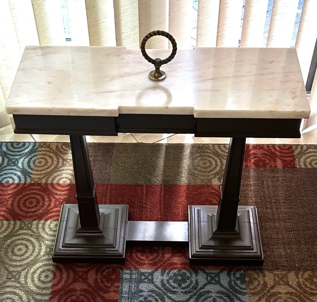 1950's, Weiman Side/Gallery Table, W/Marble Top, Pedestal Base, Brass Handle - 8
