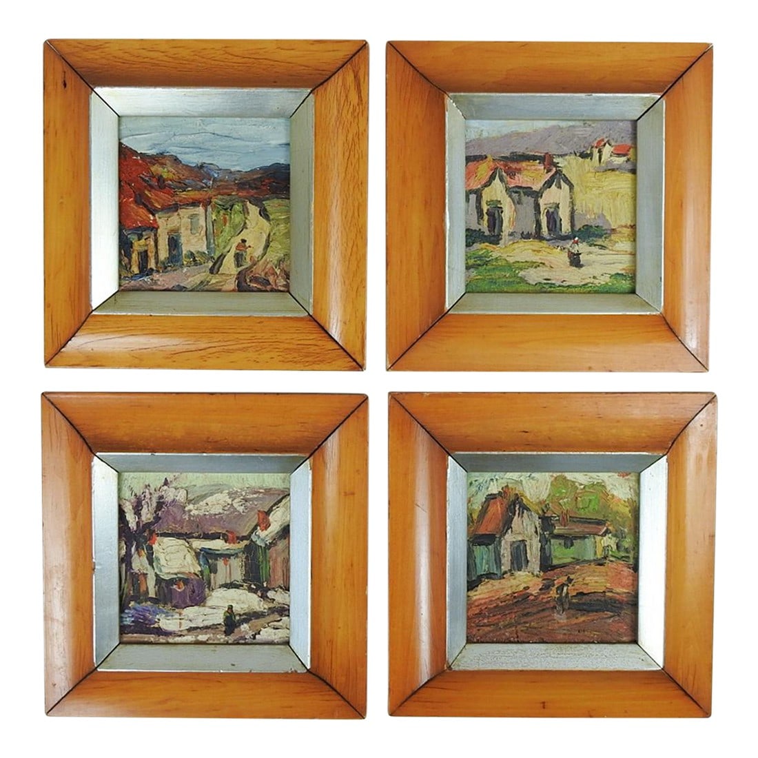 Small Mid 20th Century Modernist Village Paintings - Set of 4: Set of 4 small mid 20th century oil on board modernist paintings of village scenes. Unsigned. Displayed in period sculptural wood frames, opening size 4.5" square, scuffing, small chips to frames. 