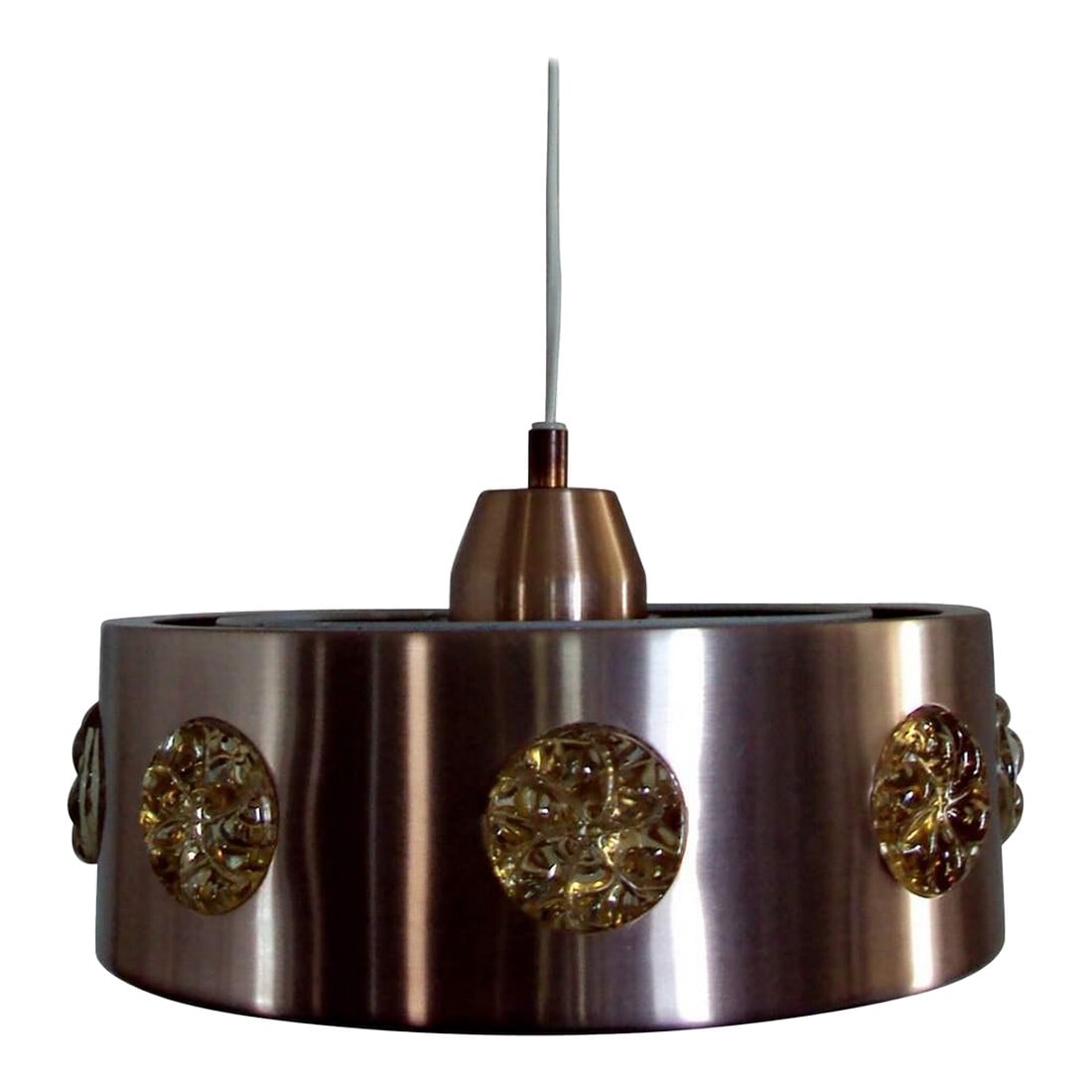 Rose Gold Spun Metal and Art Glass Mid-Century Modern Pendant Ceiling Fixture: Rose gold tinted brushed spun aluminum pendant with golden champagne colored glass medallions. Original plastic diffuser. Â Newly rewired to US standards with one socket.