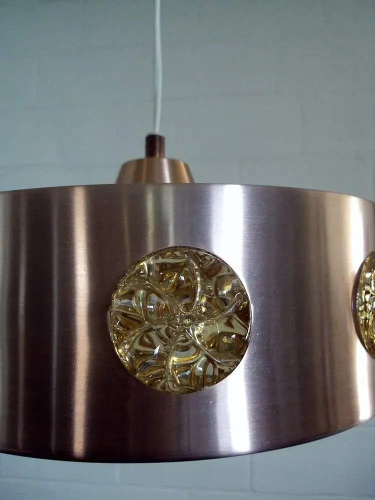 Rose Gold Spun Metal and Art Glass Mid-Century Modern Pendant Ceiling Fixture - 4