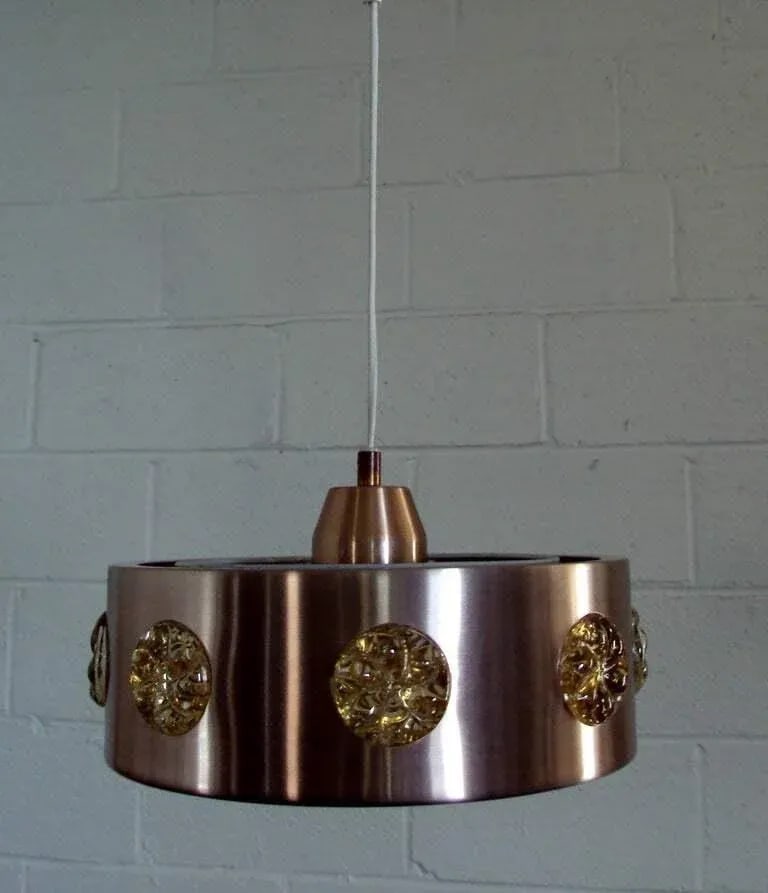 Rose Gold Spun Metal and Art Glass Mid-Century Modern Pendant Ceiling Fixture - 5
