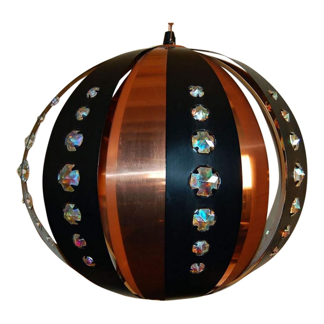 Werner Schou Mid-Century Modern Coronell Globe Pendant Ceiling Fixture: Magnificent Mid-Century Danish Modern round globe or orb pendant created by alternating strips of copper and black metal accented with acrylic AB "gemstones." New copper chain and canopy. Definitely